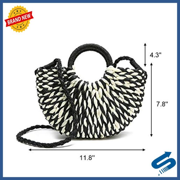 Hand-Woven Straw Tote Bag with Shoulder Strap for Beach Shopping Travel - Picture 3 of 7